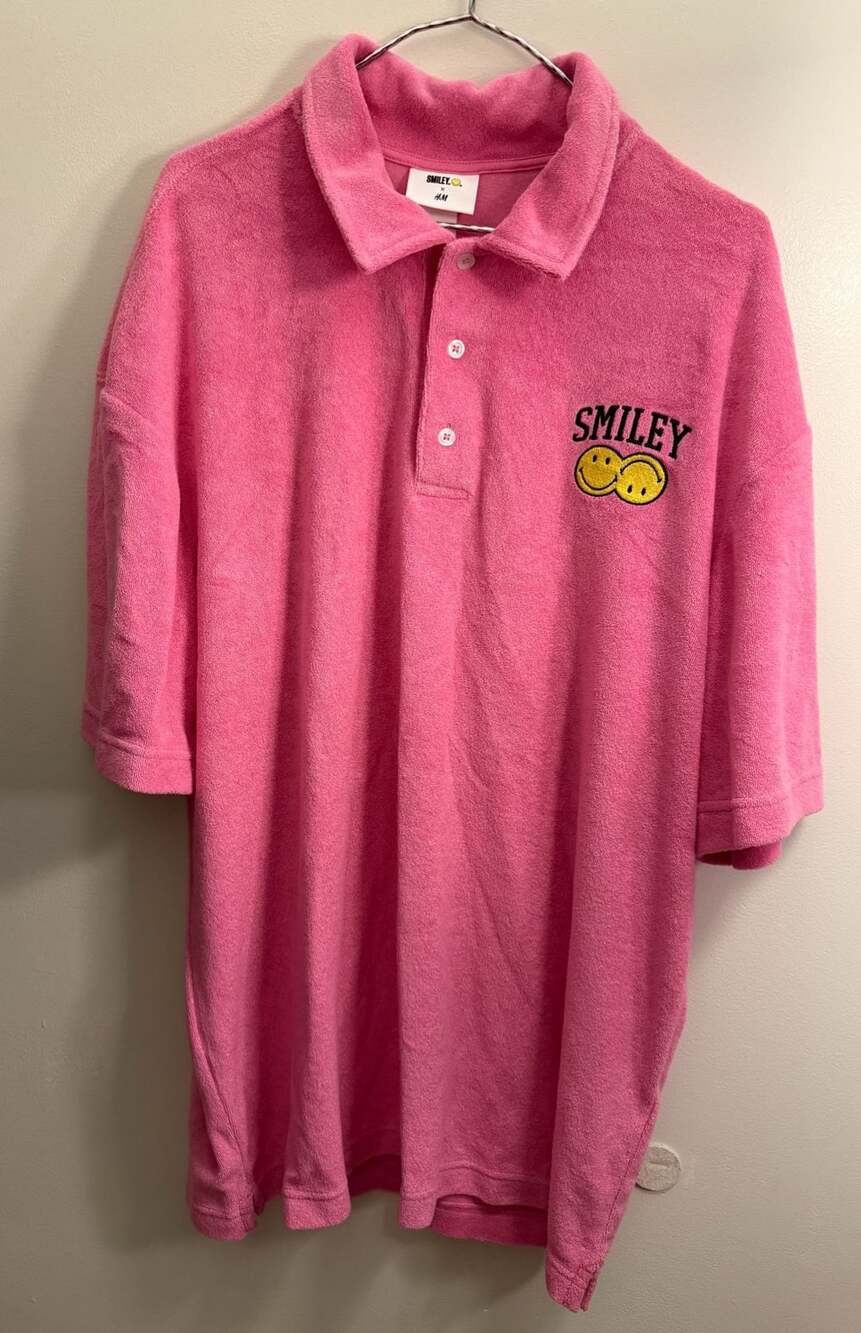 H&M Smiley Terry Polo Shirt Size M Pink Embroidered